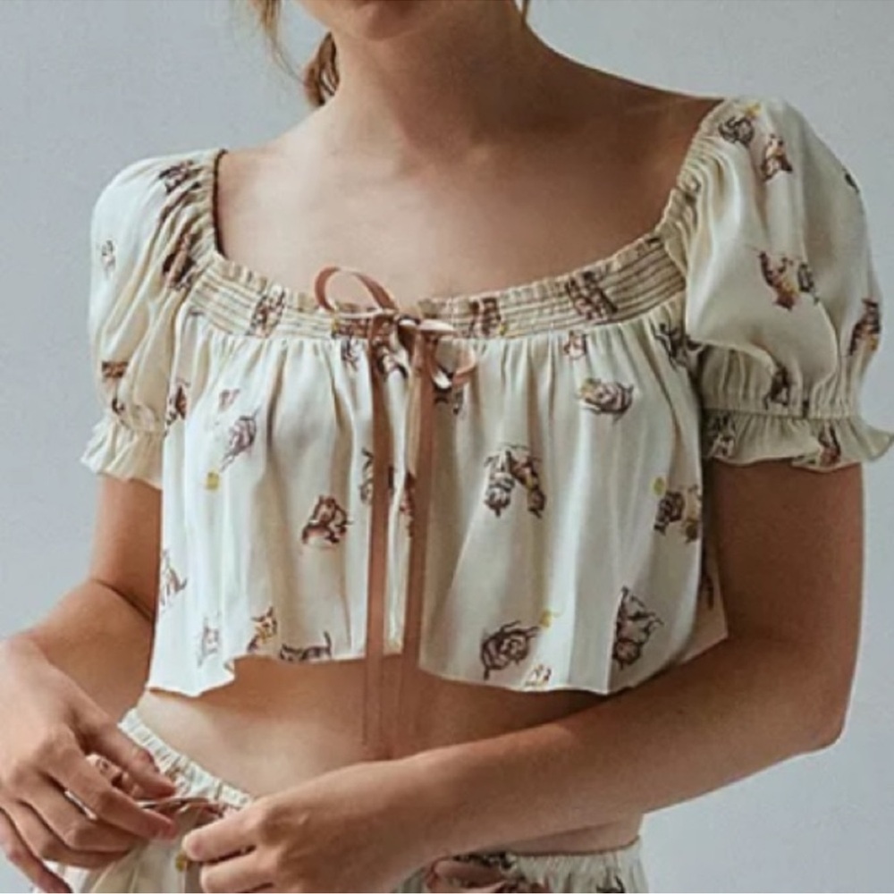 UO Out From Under Grace Satin Flyaway Crop Top Kittens Cats Cottagecore S NWOT